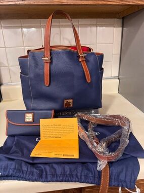 Dooney & Bourke Blue Pebbled Leather Tote with Brown Trim